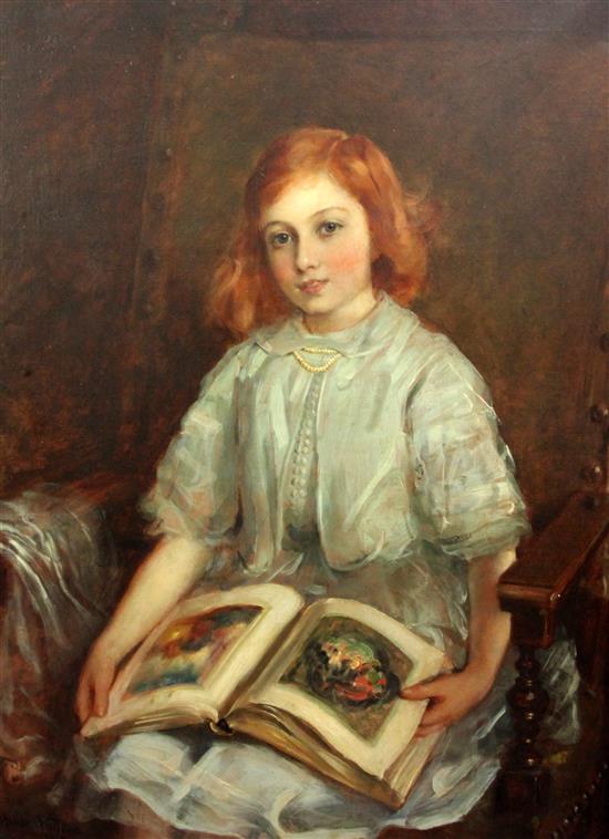 John Hanson Walker (1844-1933) Portrait of a seated girl reading a picture book 36 x 28in.